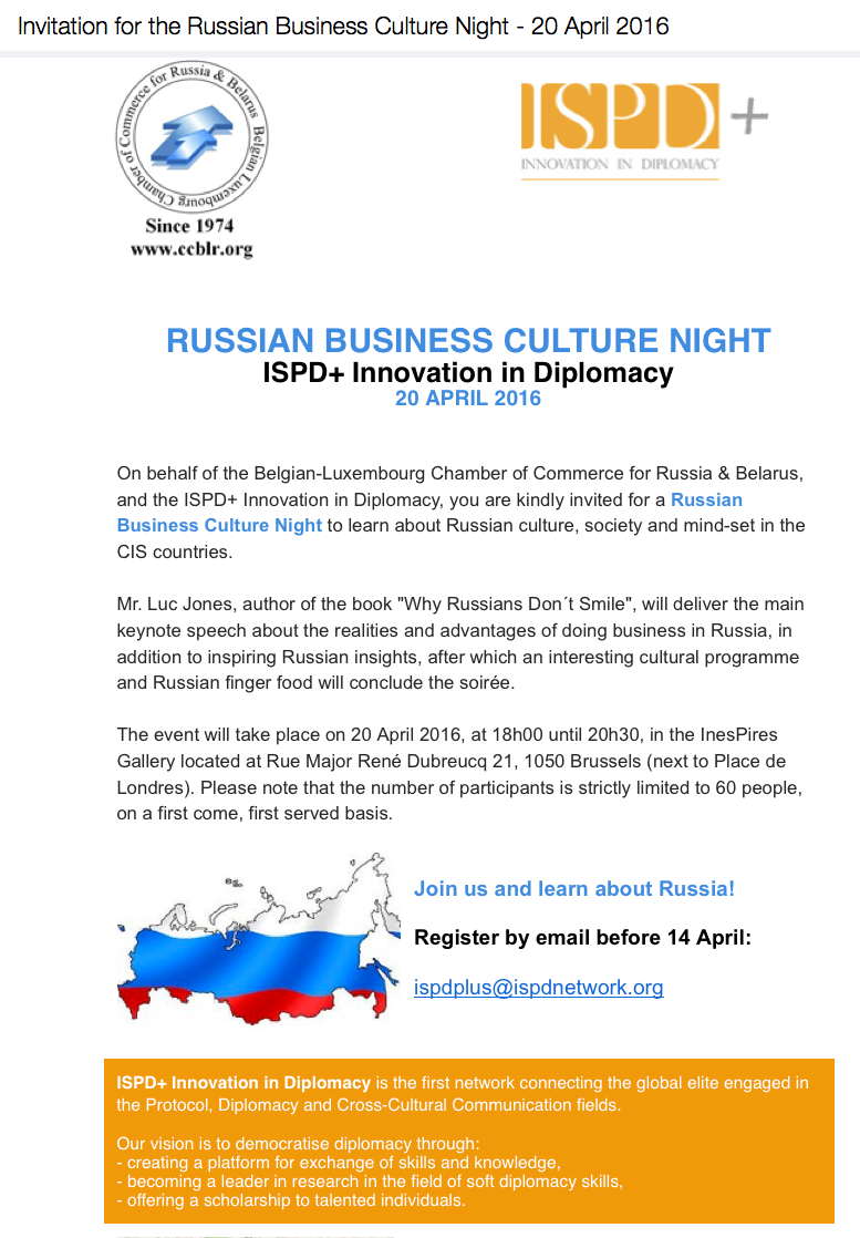 Invitation. Russian business culture night. ISPD+ Innovation in diplomacy. 2016-04-20